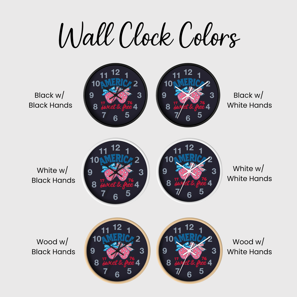 Set of wall clocks with different color combinations on a white background