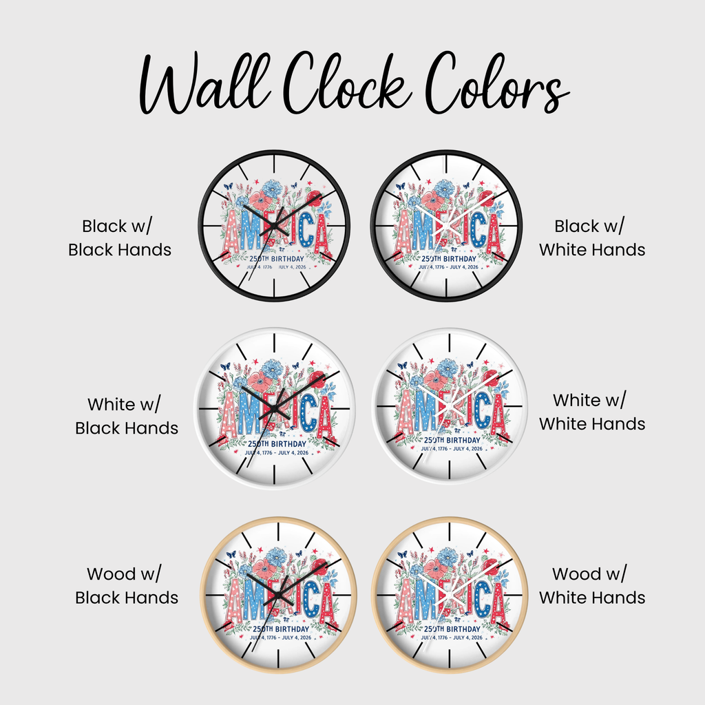 Various wall clocks with different color combinations of hands and frames on a white background.