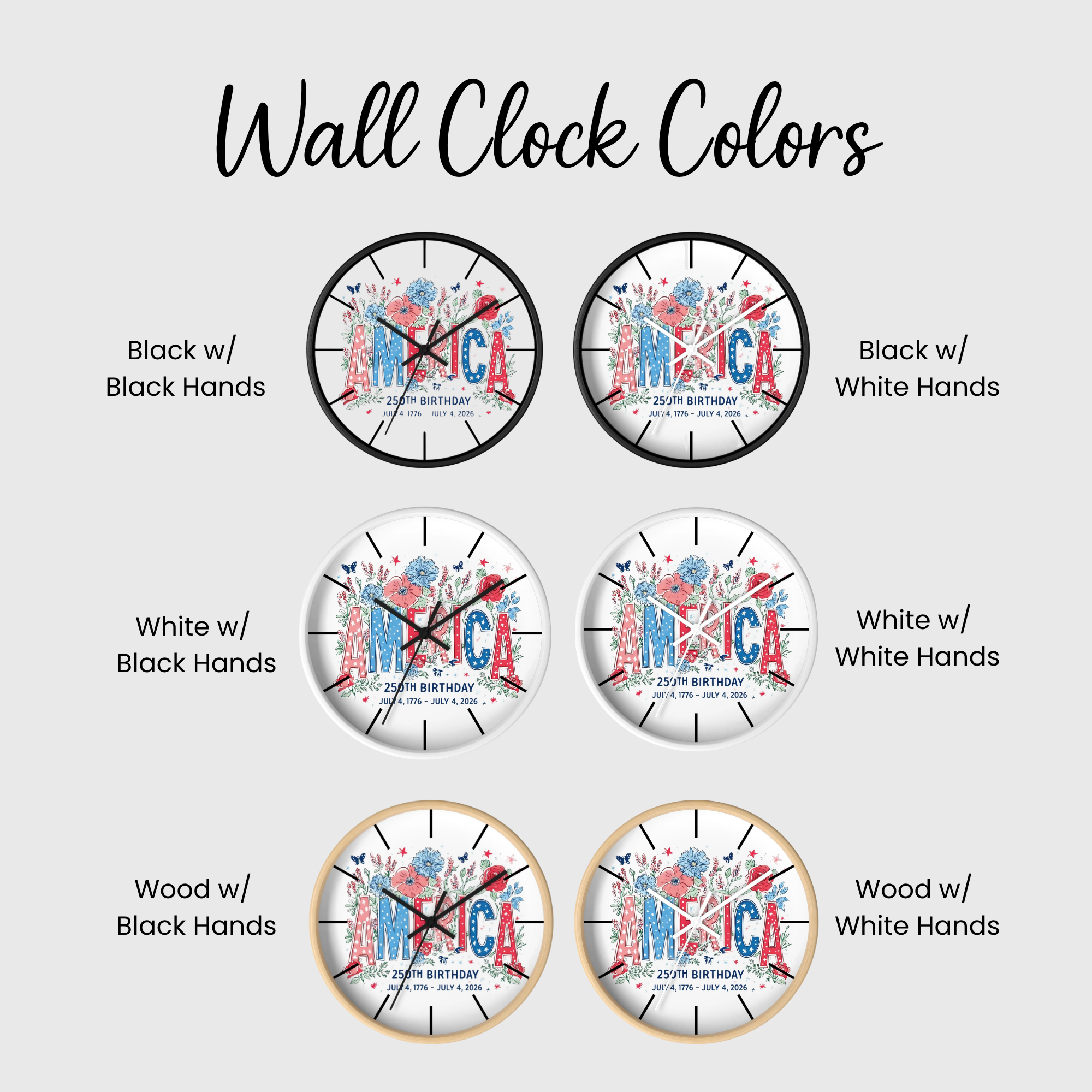 Various wall clocks with different color combinations of hands and frames on a white background.