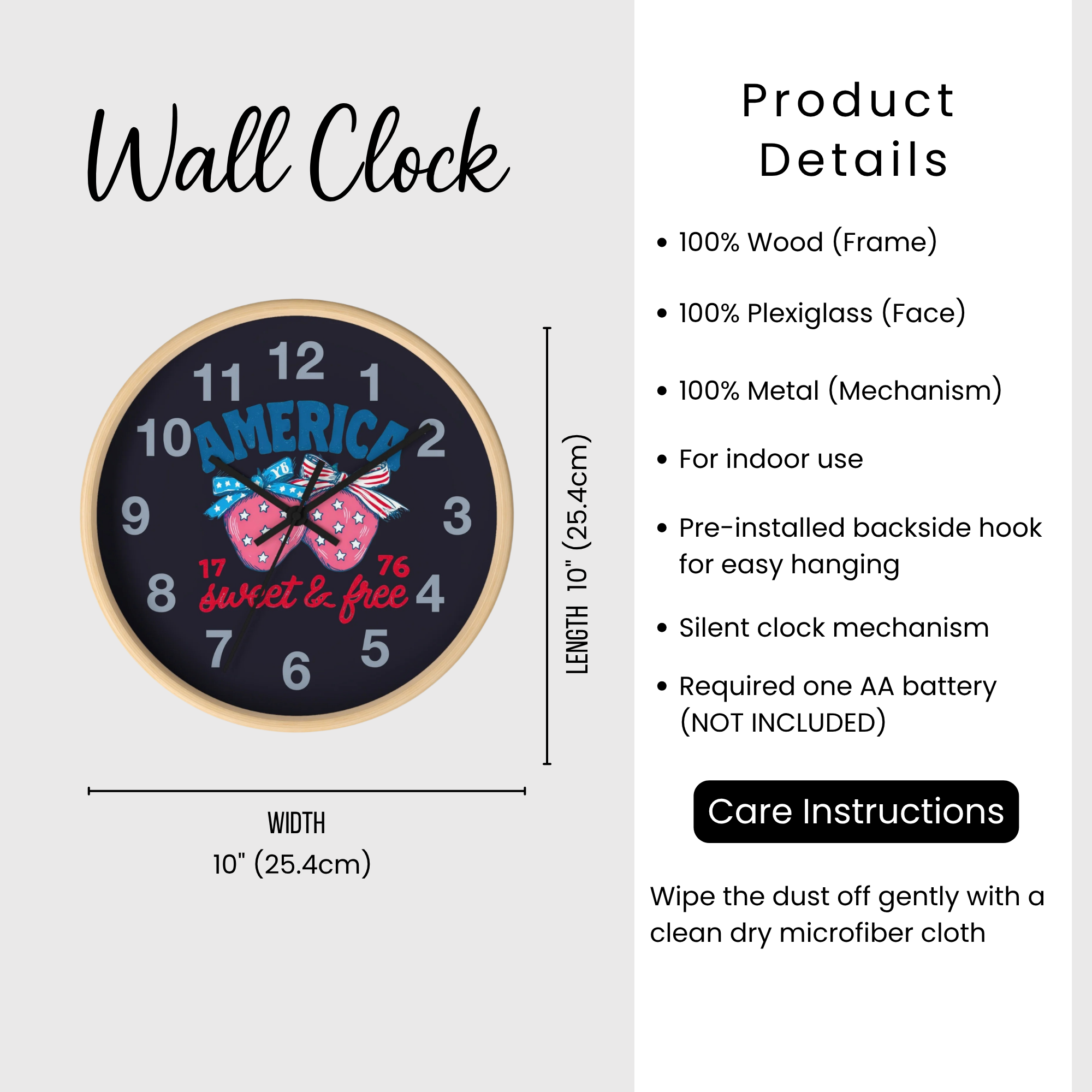 Wall clock with decorative design and product details on a white background