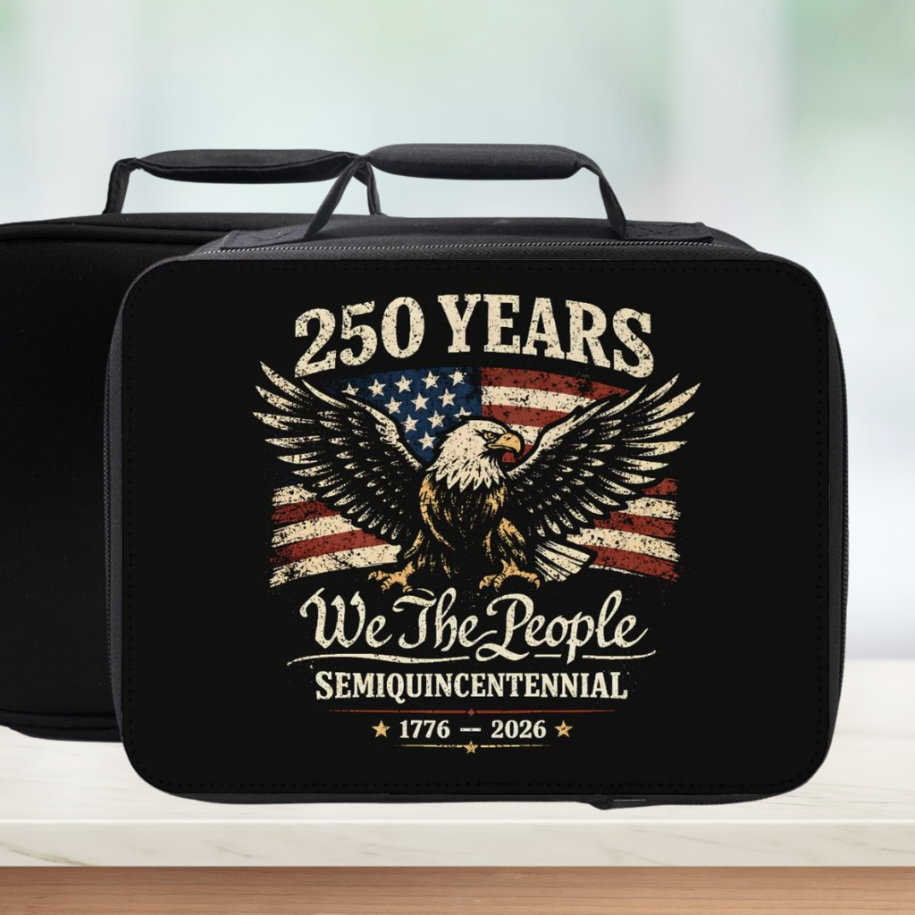 Black lunch bag with American flag and eagle design celebrating 250 years of 'We The People'.