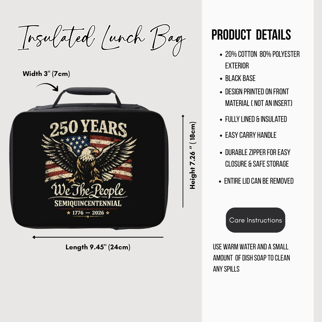Insulated lunch bag with American flag design and product details on a white background