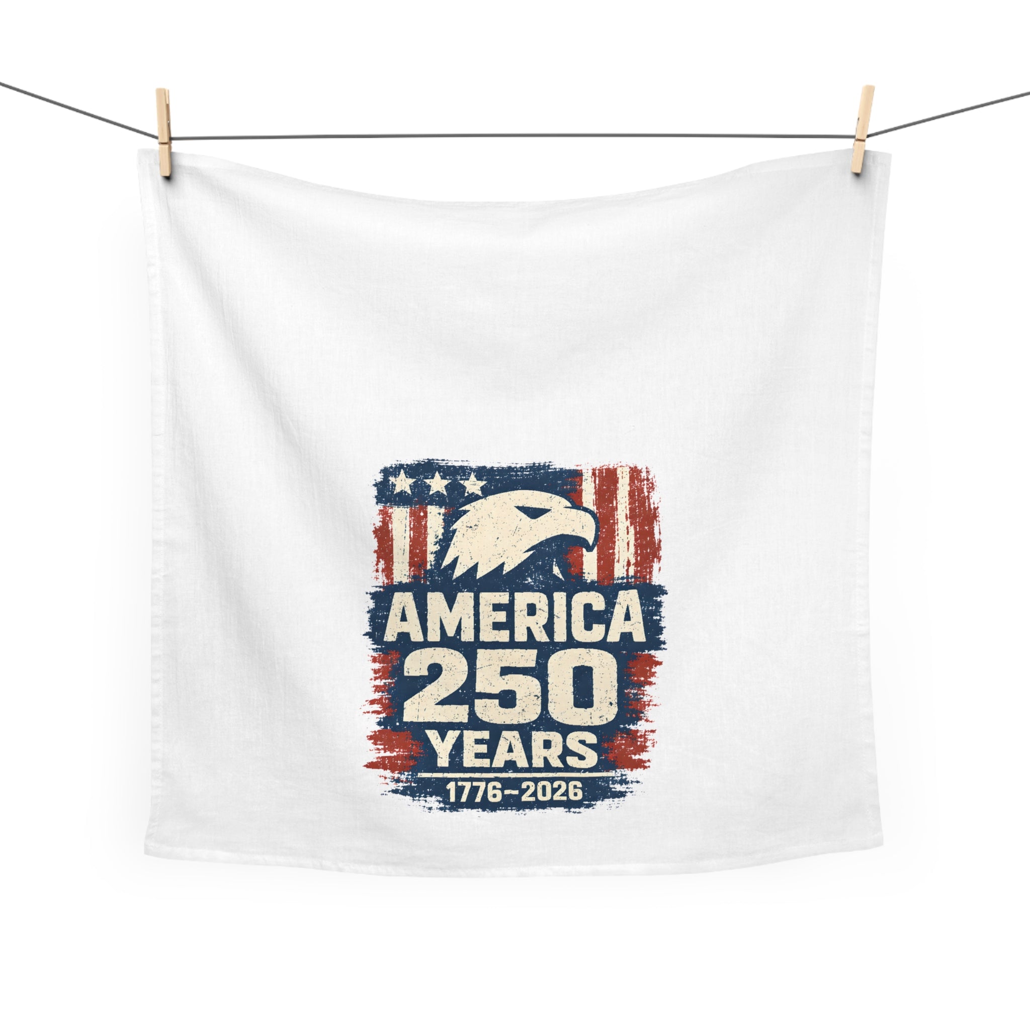Extra large tea towel with American-themed design featuring an eagle and text on a white background
