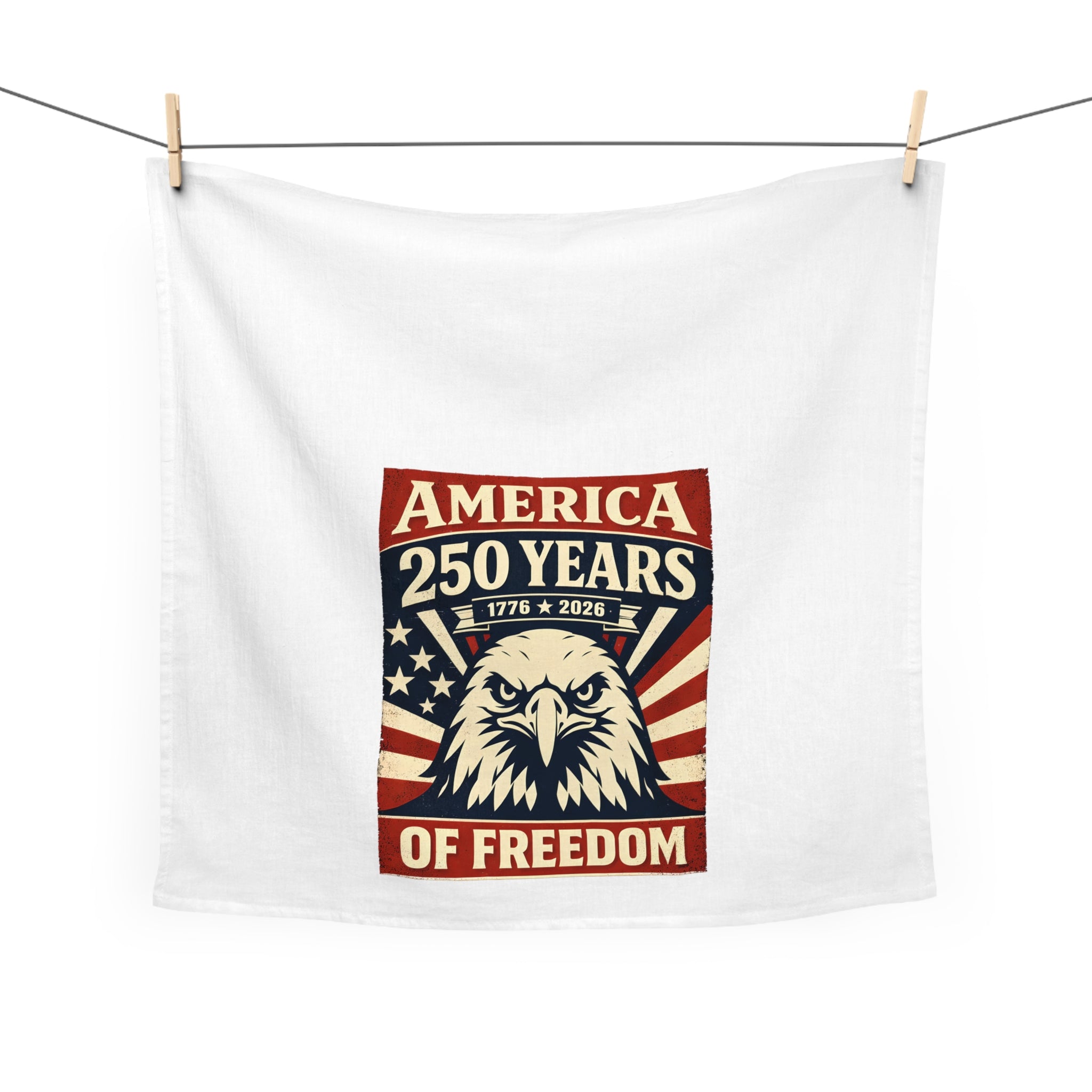 White tea towel with 'America 250 Years of Freedom' design featuring an eagle and American flag on a white background.