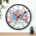 Round black decorative wall clock with 'America' and floral design on a white background