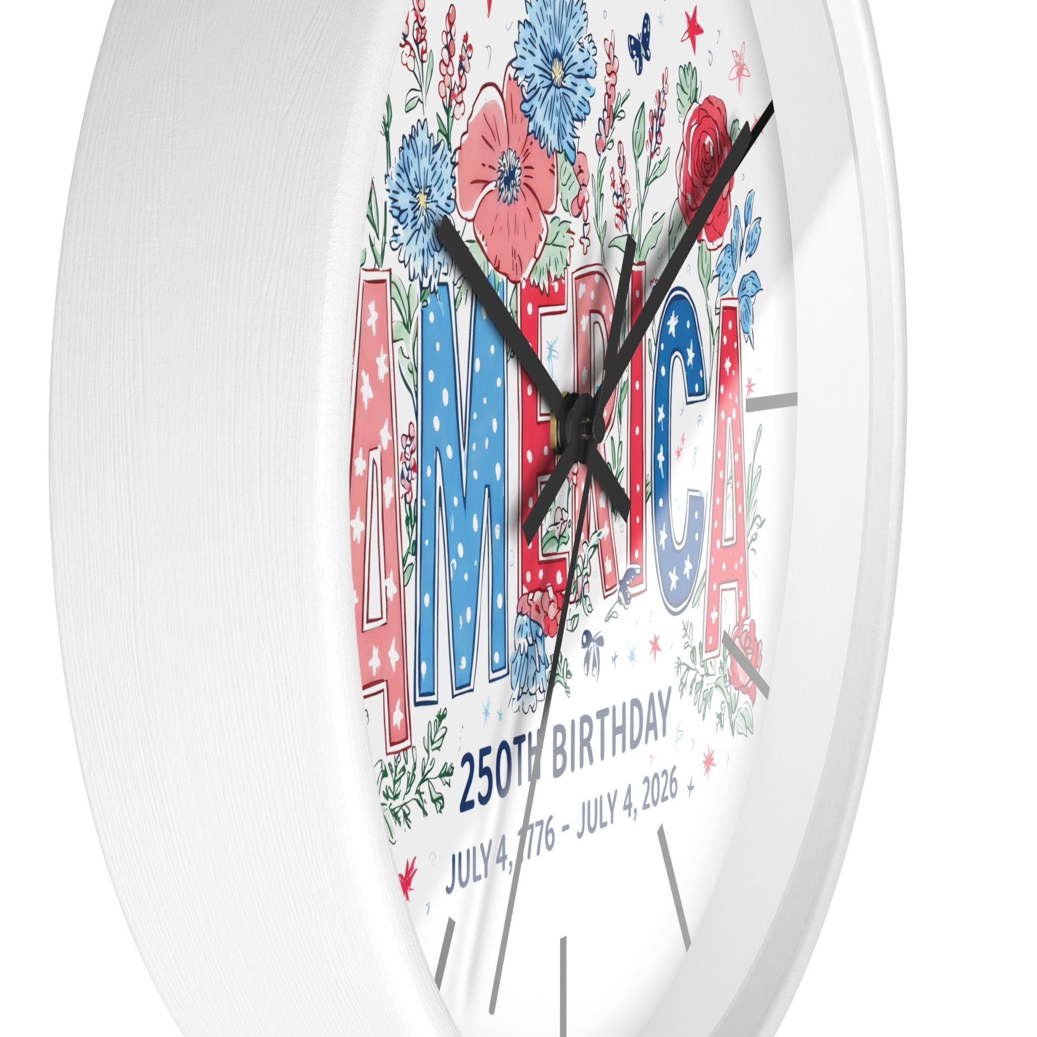 White Wall clock with 'AMERICA' and floral design on a white background