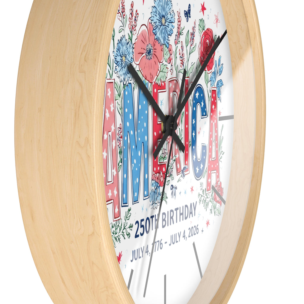 Side of round wood wall clock with 'AMERICA' and floral design on a white background