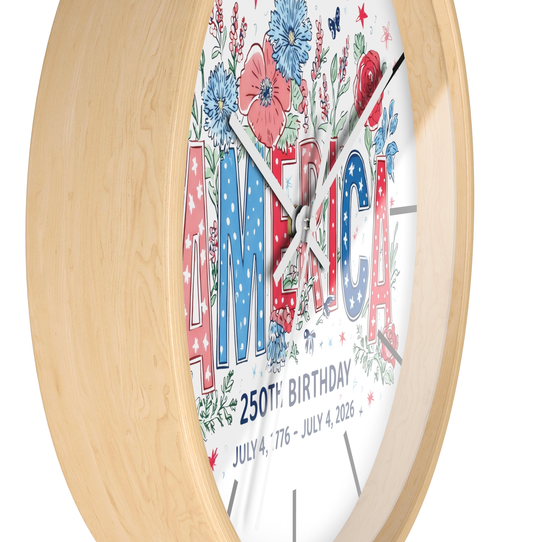 Round wood decorative clock with floral design and 'AMERICA' text on a white background