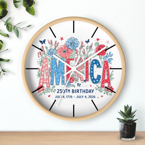 Decorative round wood wall clock with 'AMERICA' and floral design on a white background