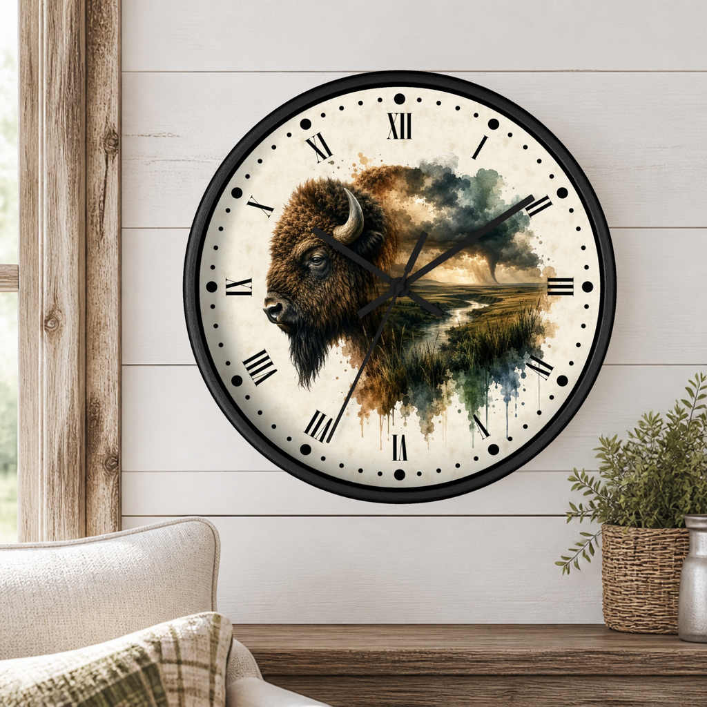 A round wall clock with a black frame and a western bison design on the face, mounted on a white wood-paneled wall above a wooden mantel with a small potted plant.