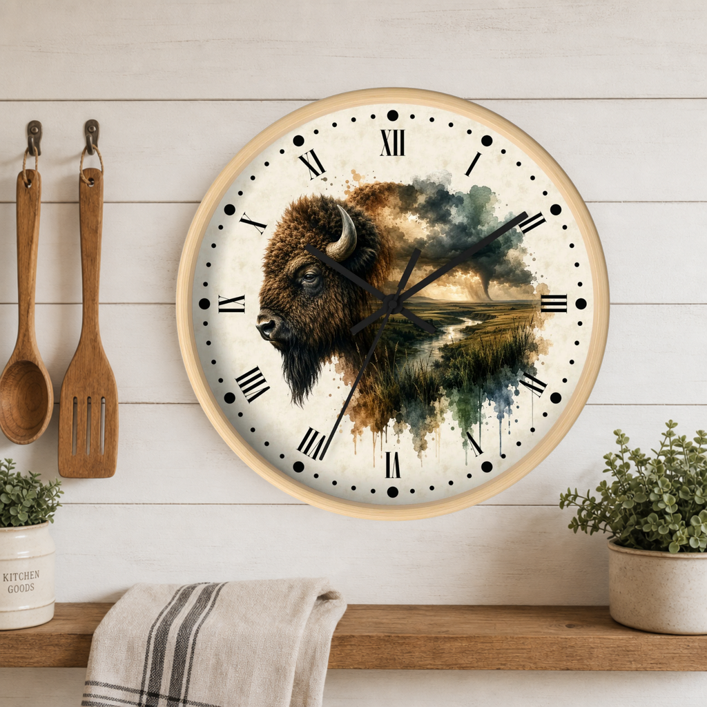 A round wall clock with a light wood frame hangs on a white wood plank wall above a wooden shelf. The clock face features a watercolor-style illustration of a bison over a landscape, with black Roman numerals and hands.