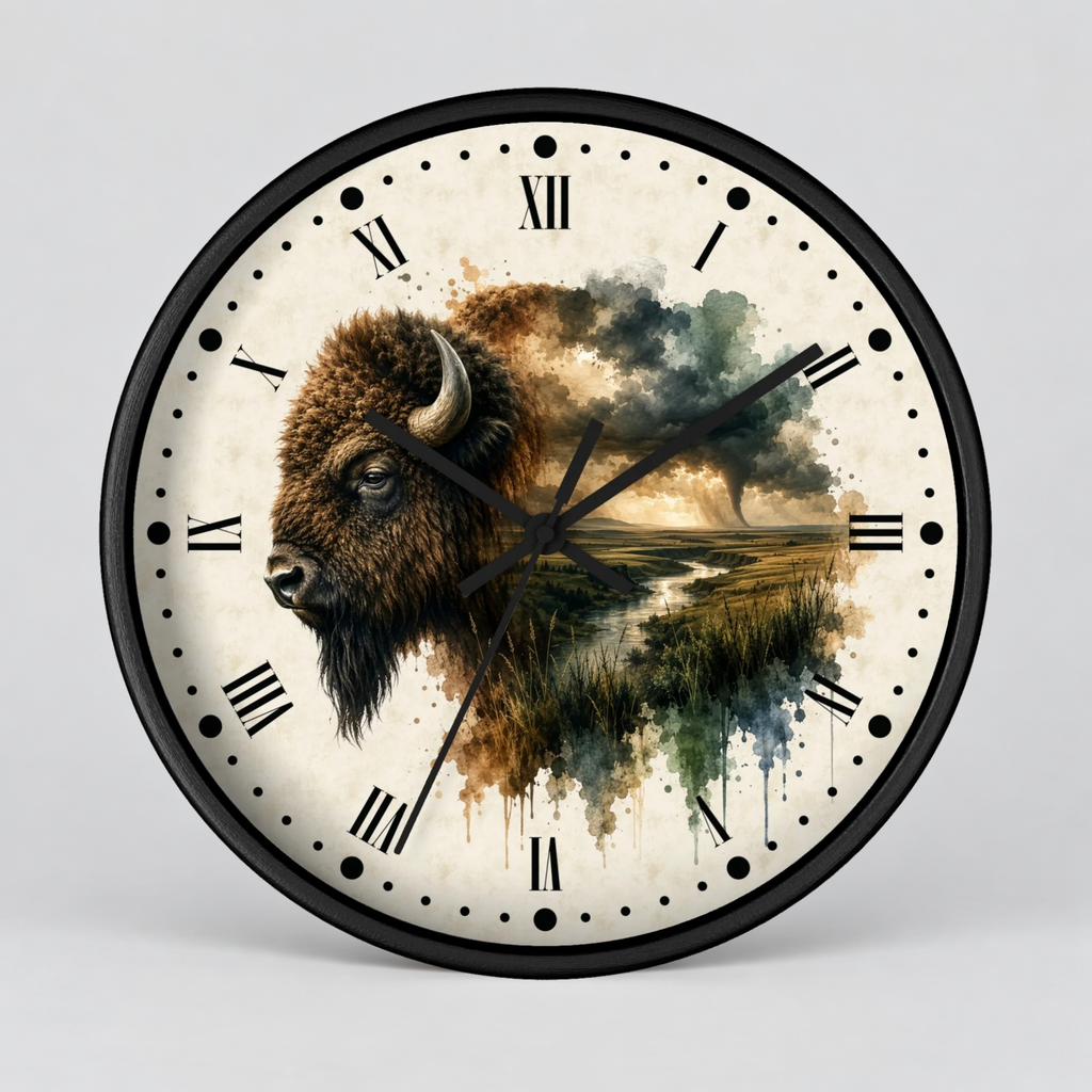 A round wall clock with a black frame and Roman numerals, featuring a western bison illustration blended with a landscape scene on the clock face, shown against a light gray background.