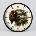 A round wall clock with a black frame and Roman numerals, featuring a western bison illustration blended with a landscape scene on the clock face, shown against a light gray background.