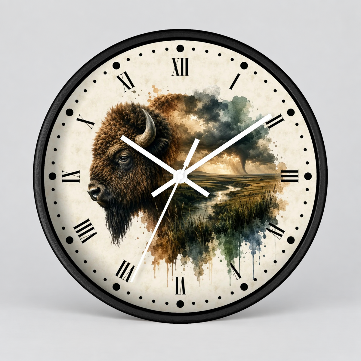 Round wall clock with a black frame and a western-themed bison illustration over a landscape scene on the clock face, with black Roman numerals and white hands, shown against a light gray background.