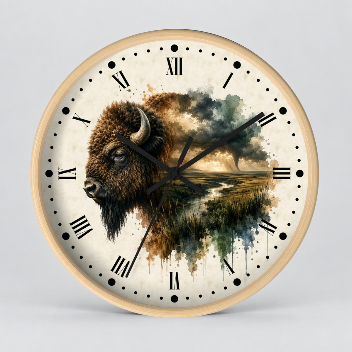 Round wall clock with a light wood frame and a cream-colored face featuring a painted bison and western landscape scene with Roman numerals and black hands.