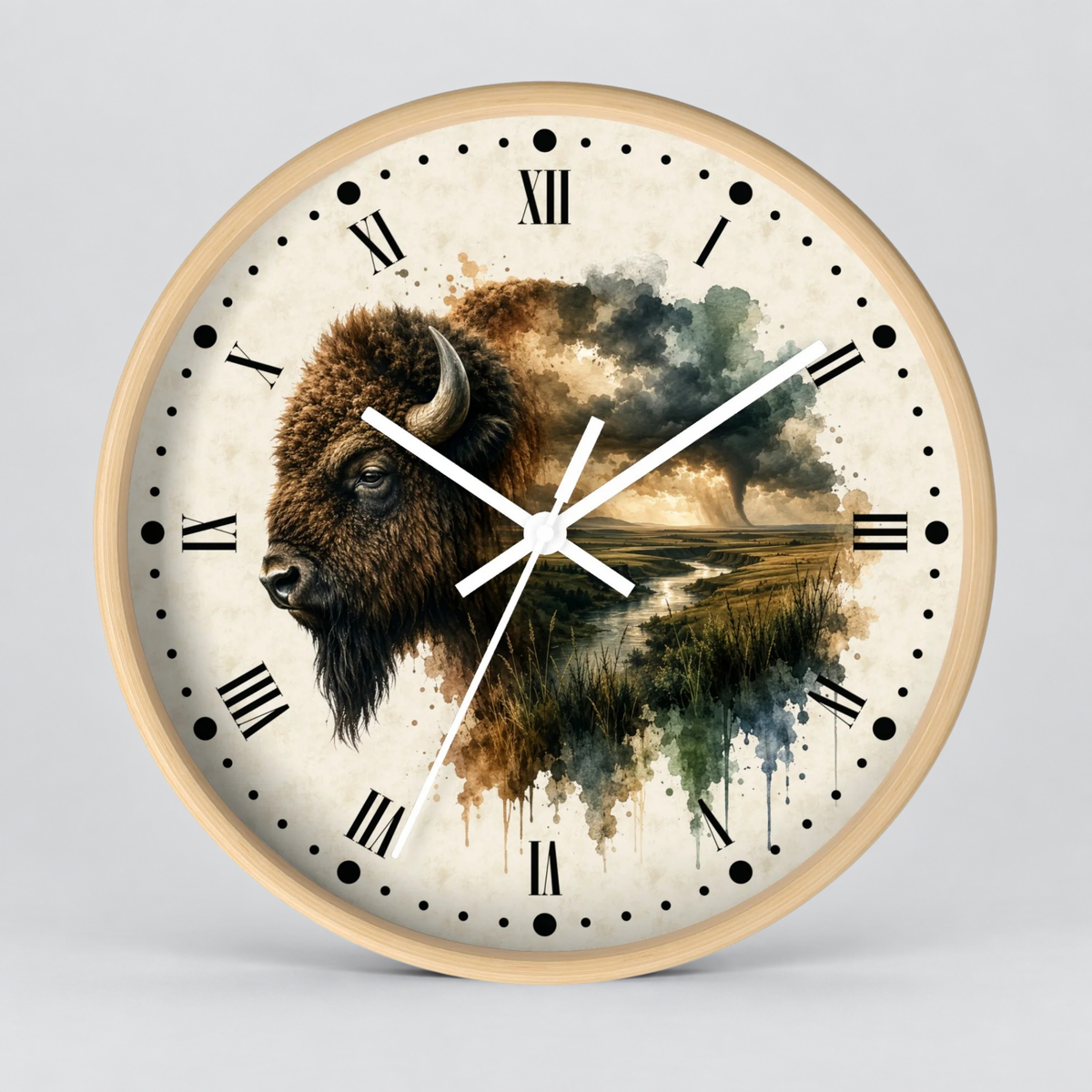A round wall clock with a light wood frame and a cream-colored face featuring a painted bison and landscape scene with watercolor-style tree and grass details. Black Roman numerals and black dot hour markers surround the center.