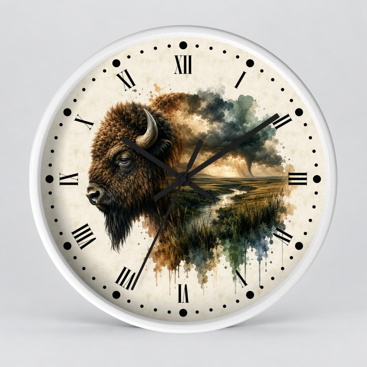 A round wall clock with a white frame and a cream-colored face featuring a watercolor-style bison over a landscape scene with black Roman numerals and hands.