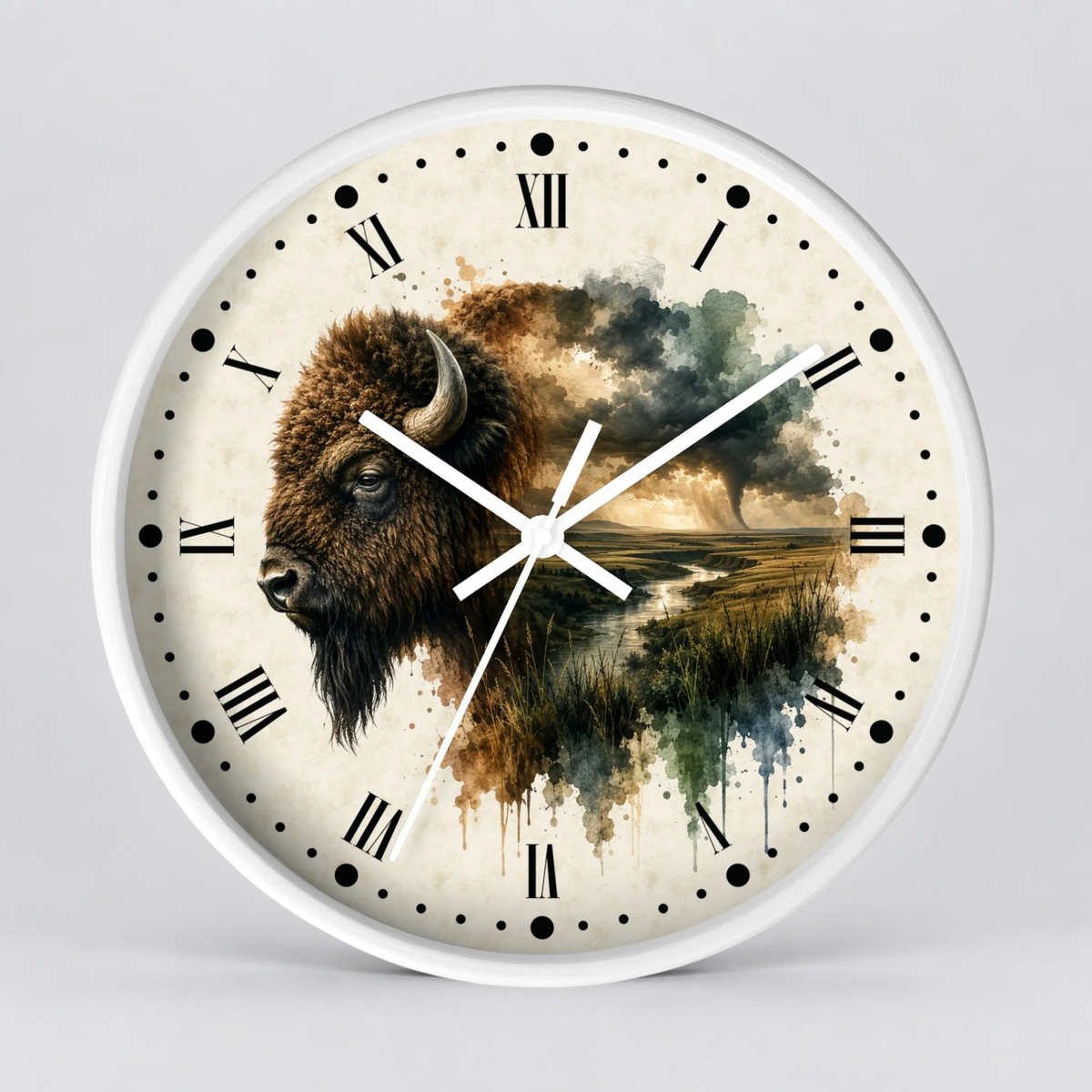 Round wall clock with a white frame and a printed dial featuring a bison head over a watercolor landscape scene with Roman numerals and black dot hour markers.