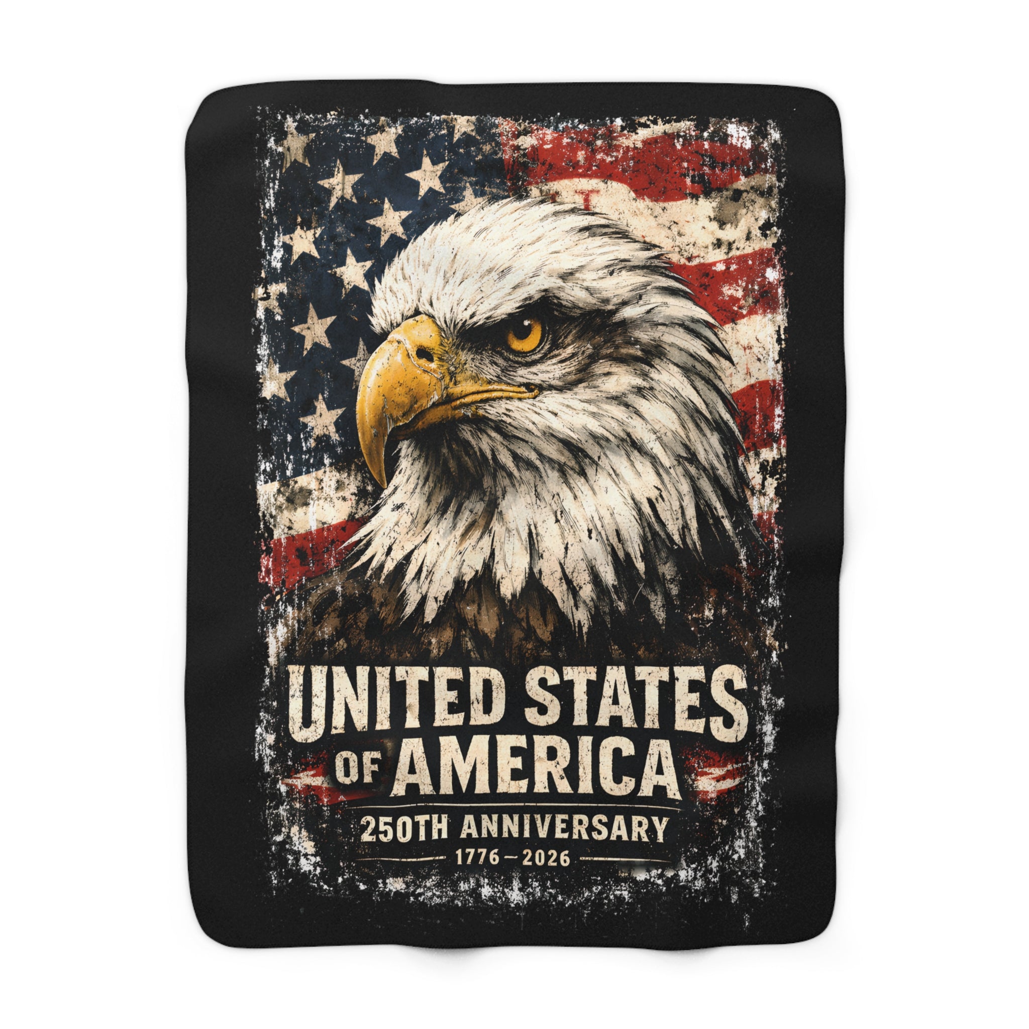 Blanket with American flag and bald eagle design celebrating the 250th anniversary of the United States.