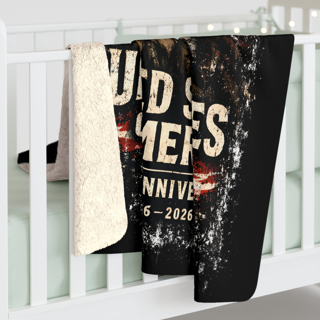 Personalized blanket with text and date on a white surface