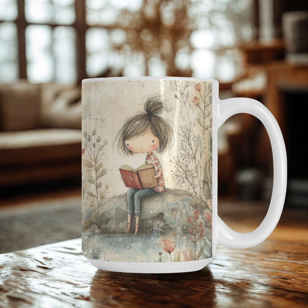 Mug with a design of a girl reading a book on a wooden table.
