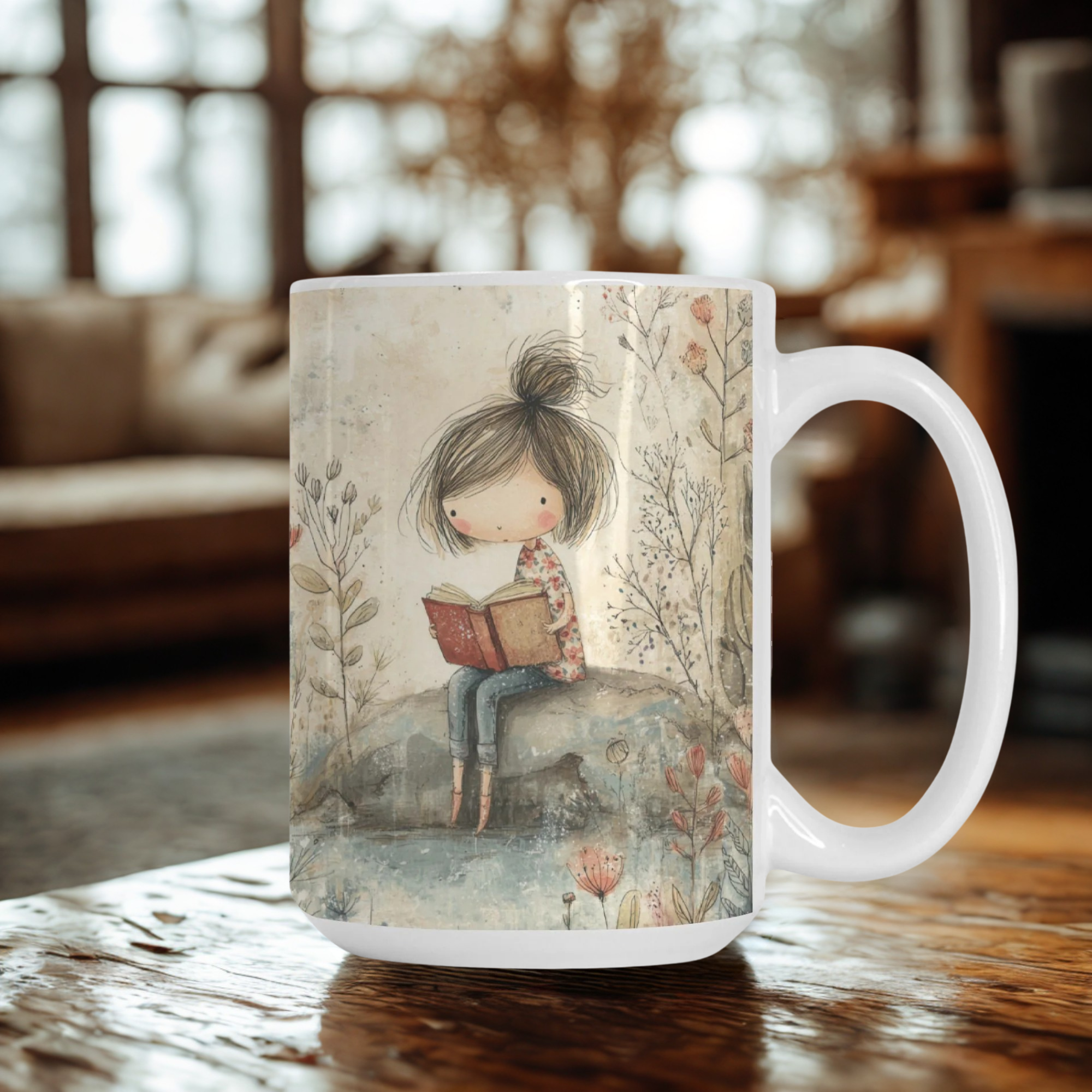 Mug with a design of a girl reading a book on a wooden table.