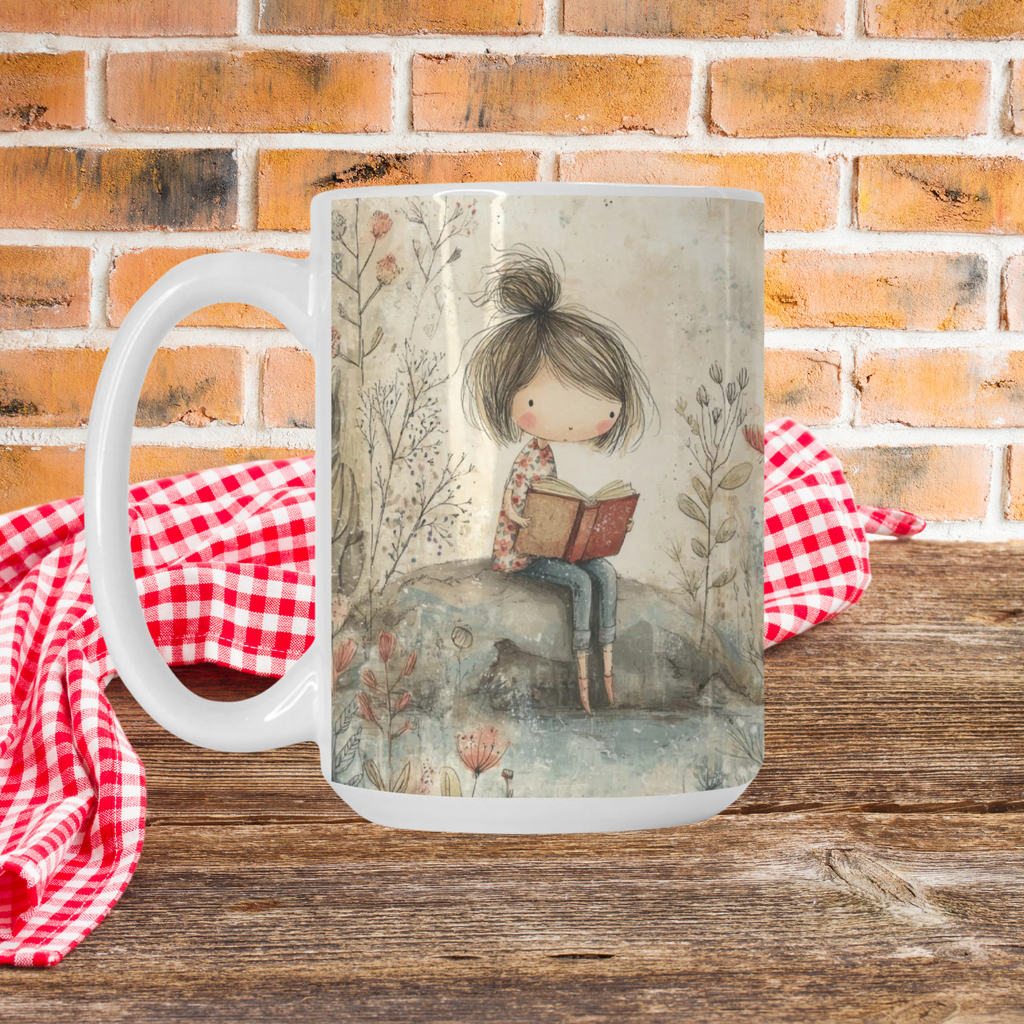 Mug with a design of a girl reading a book on a wooden surface with a brick wall background