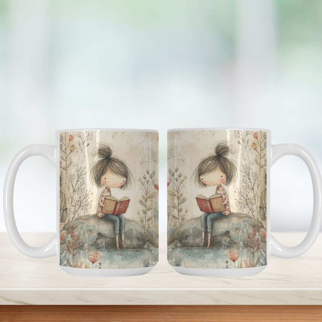 Two mugs with a design of a girl reading a book in a forest on a white background.