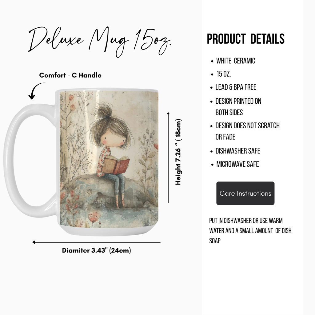 Deluxe mug with a design of a girl reading a book on a white background, featuring product details.