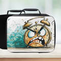 Black lunch bag with a cartoon alarm clock design on a white background