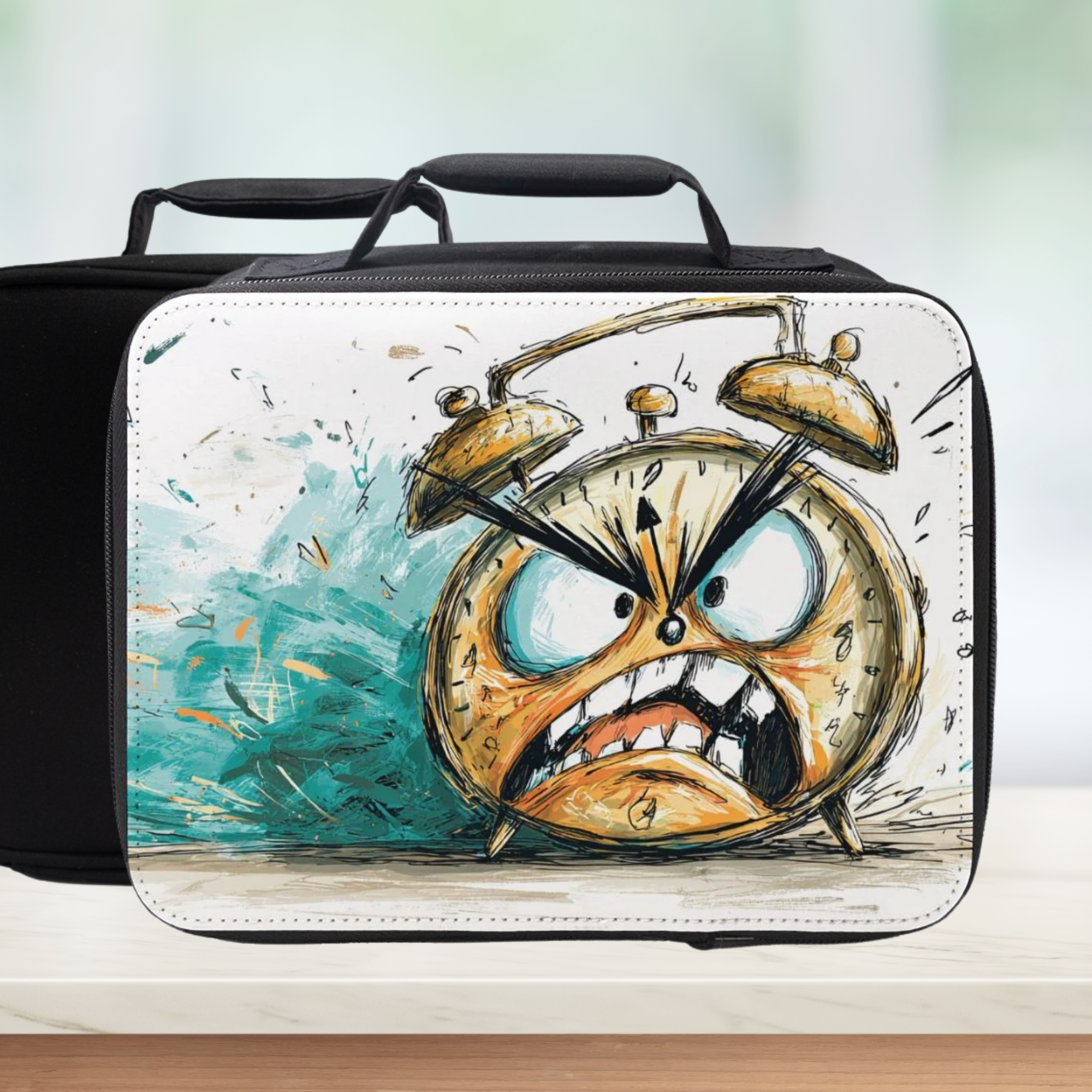 Black lunch bag with a cartoon alarm clock design on a white background