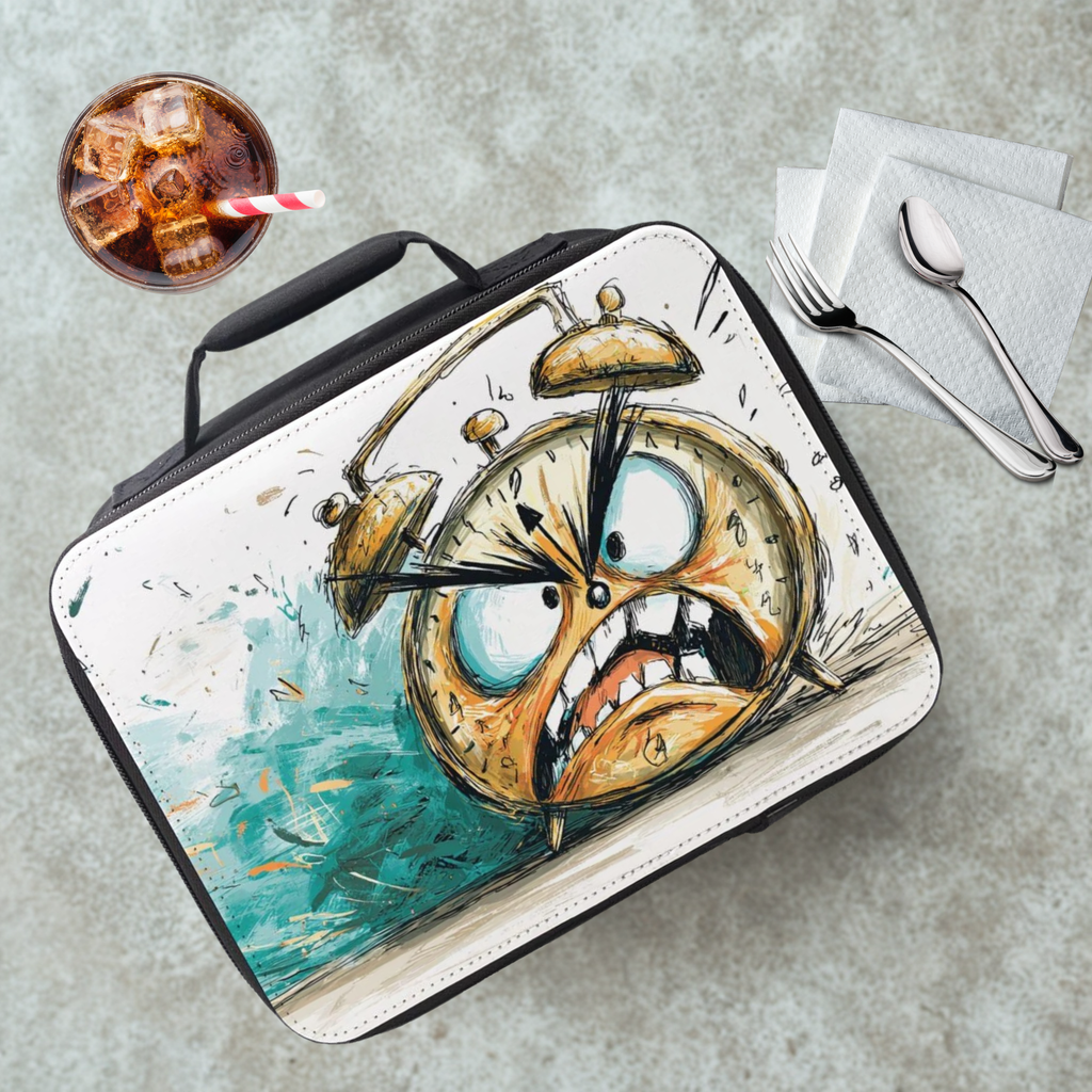 Lunch bag with a unique angry clock cartoon design on a cafeteria table with a drink and utensils.