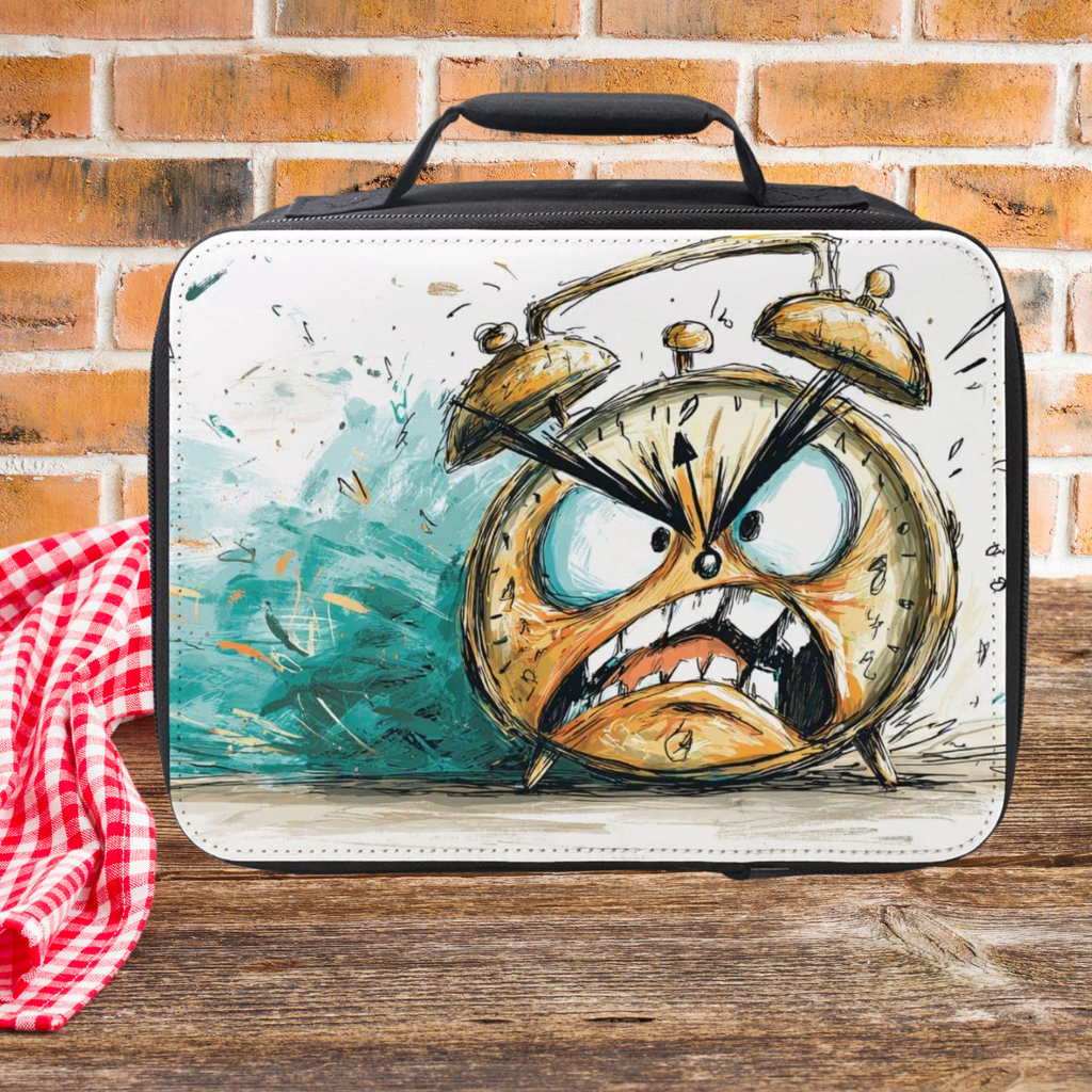 Lunch bag with a cartoon angry alarm clock design on a wooden picnic table and brick wall background