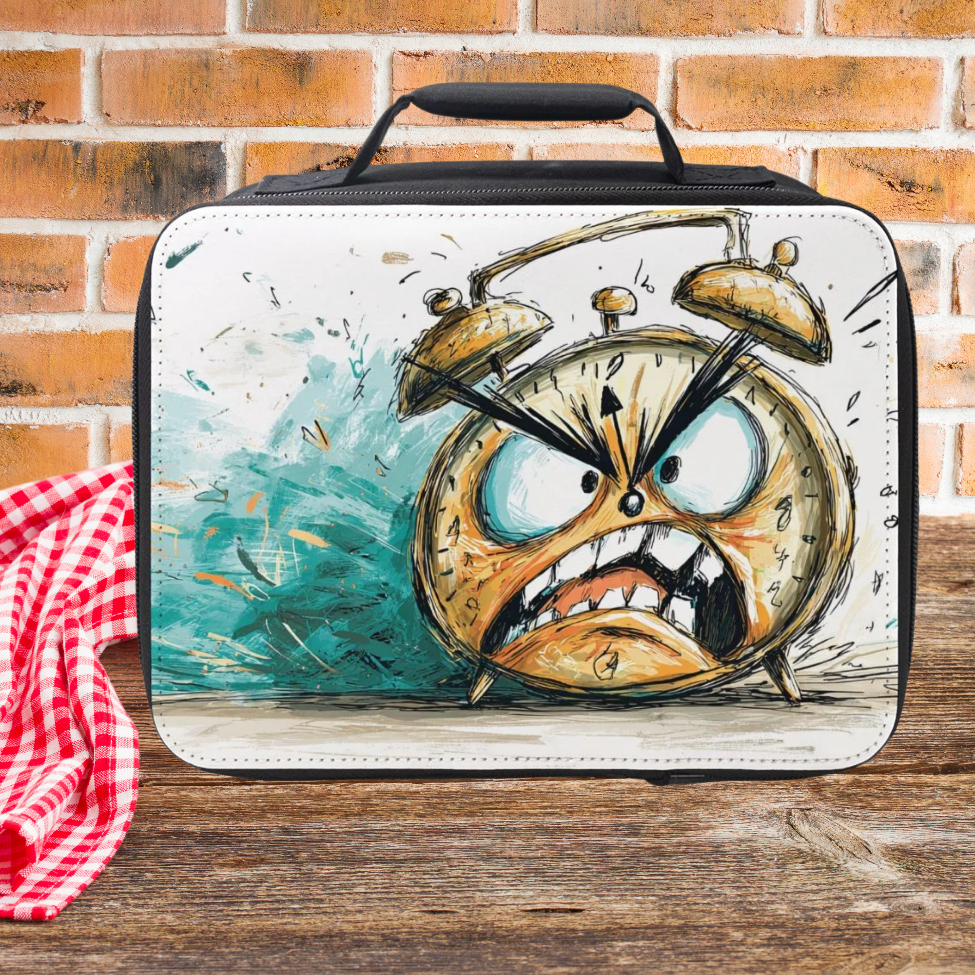 Lunch bag with a cartoon angry alarm clock design on a wooden picnic table and brick wall background