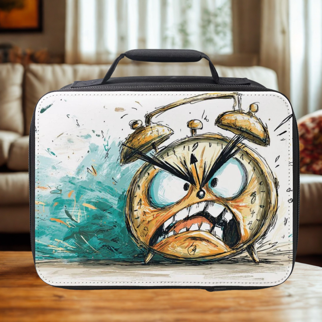  lunch bag with a cartoon angry alarm clock design on a wooden table in a cozy living room.