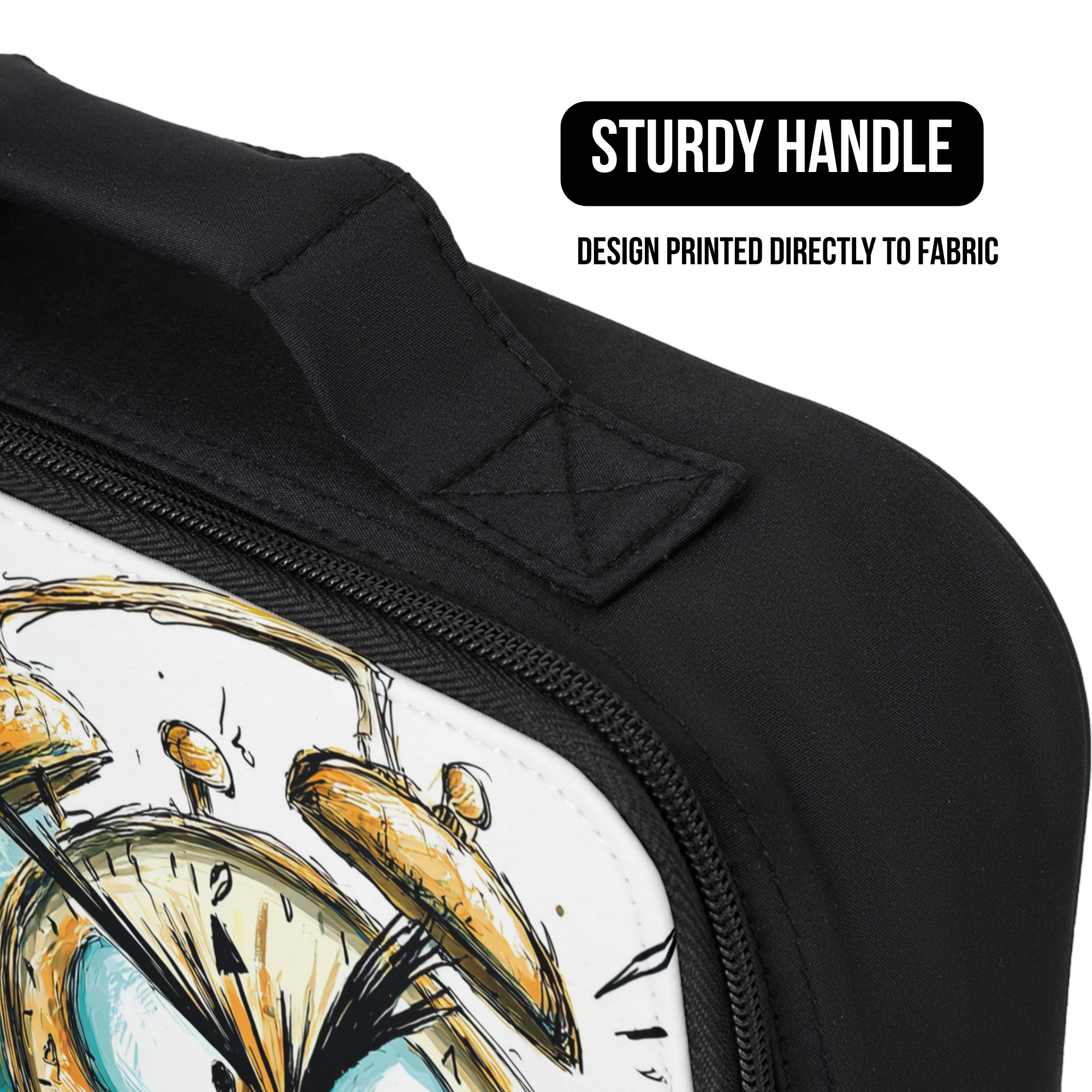 Black lunch bag with cartoon clock design and 'Sturdy Handle' text on a white background
