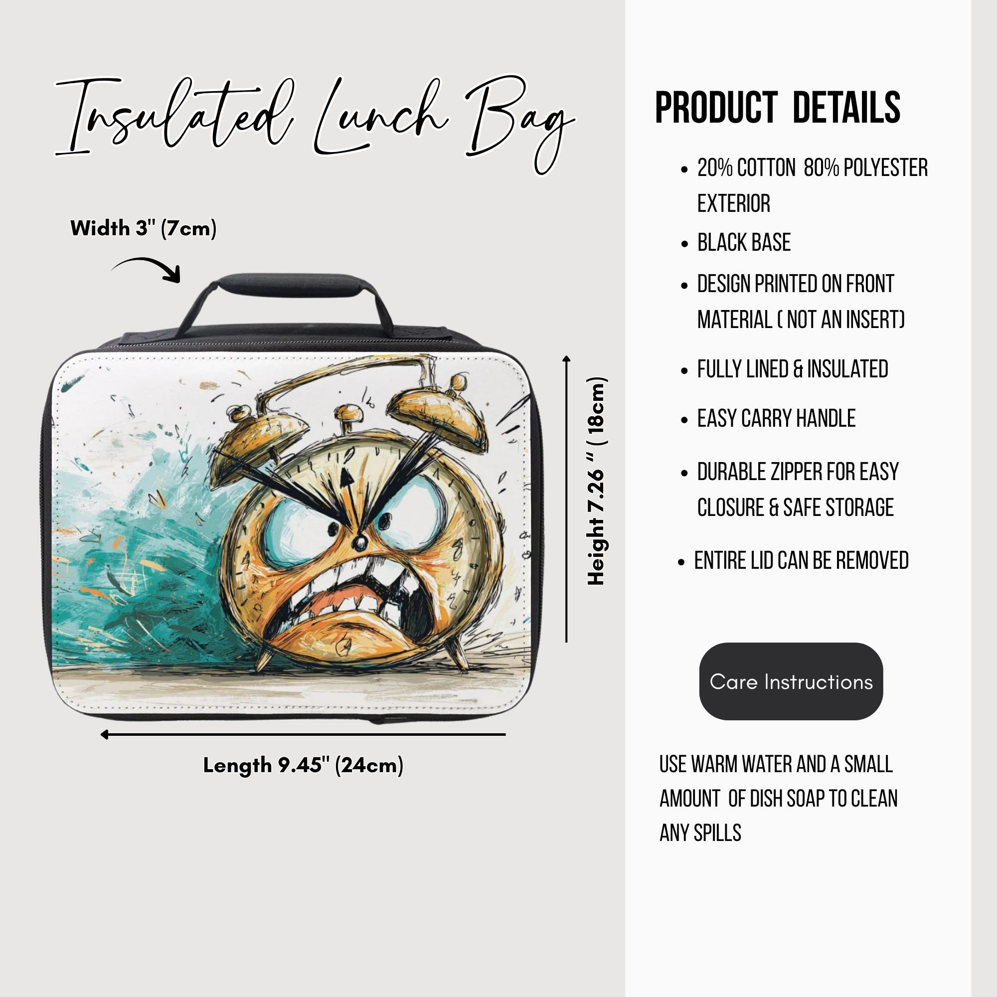 Insulated lunch bag with a cartoon alarm clock design and product details on a white background