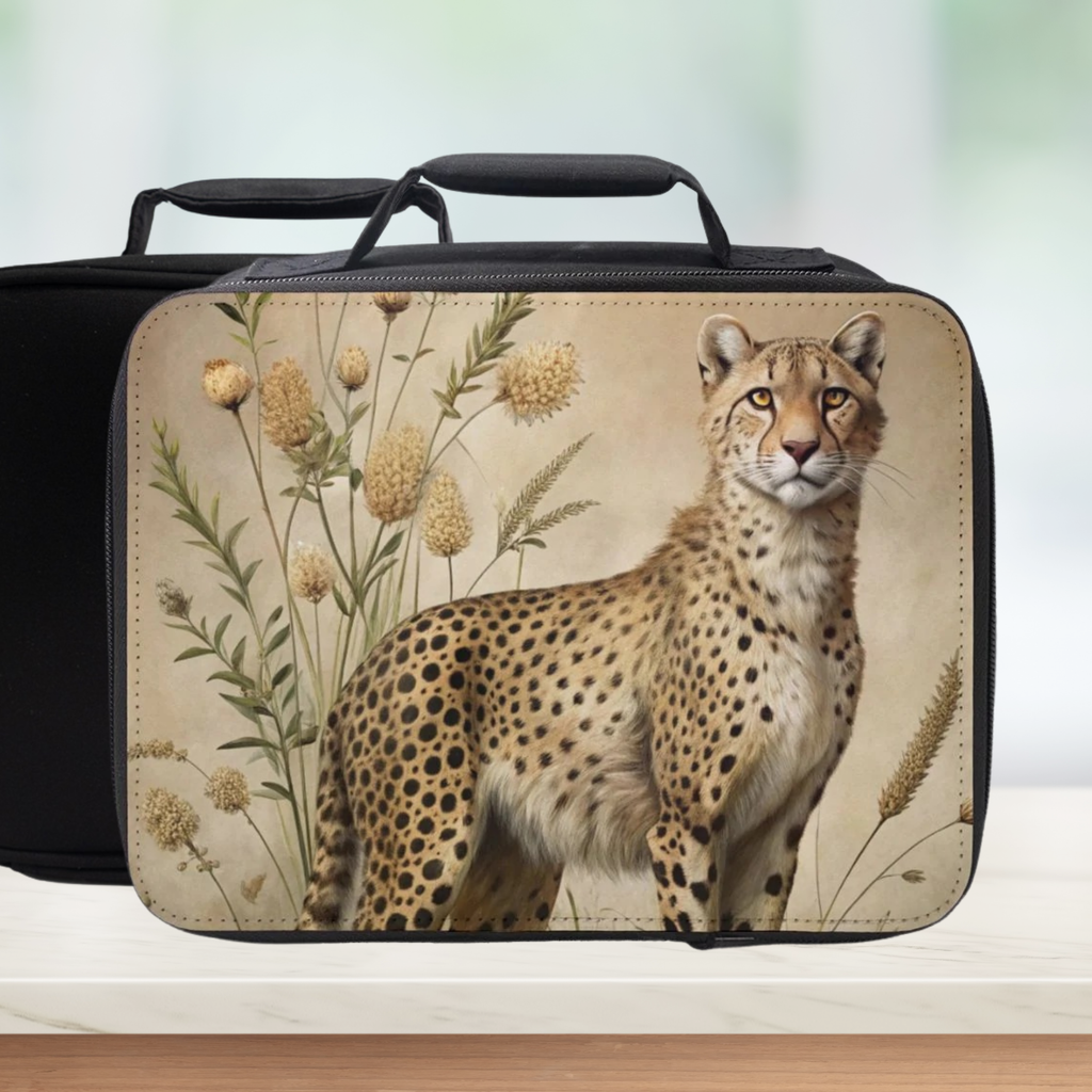 Lunch bag with a cheetah design on a neutral background