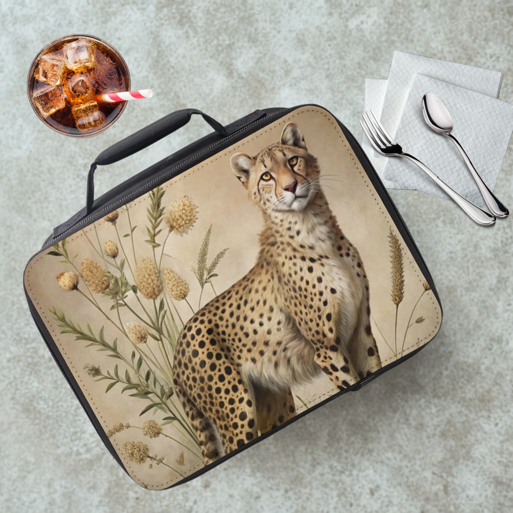Lunch bag with cheetah design on a table with a drink and utensils.