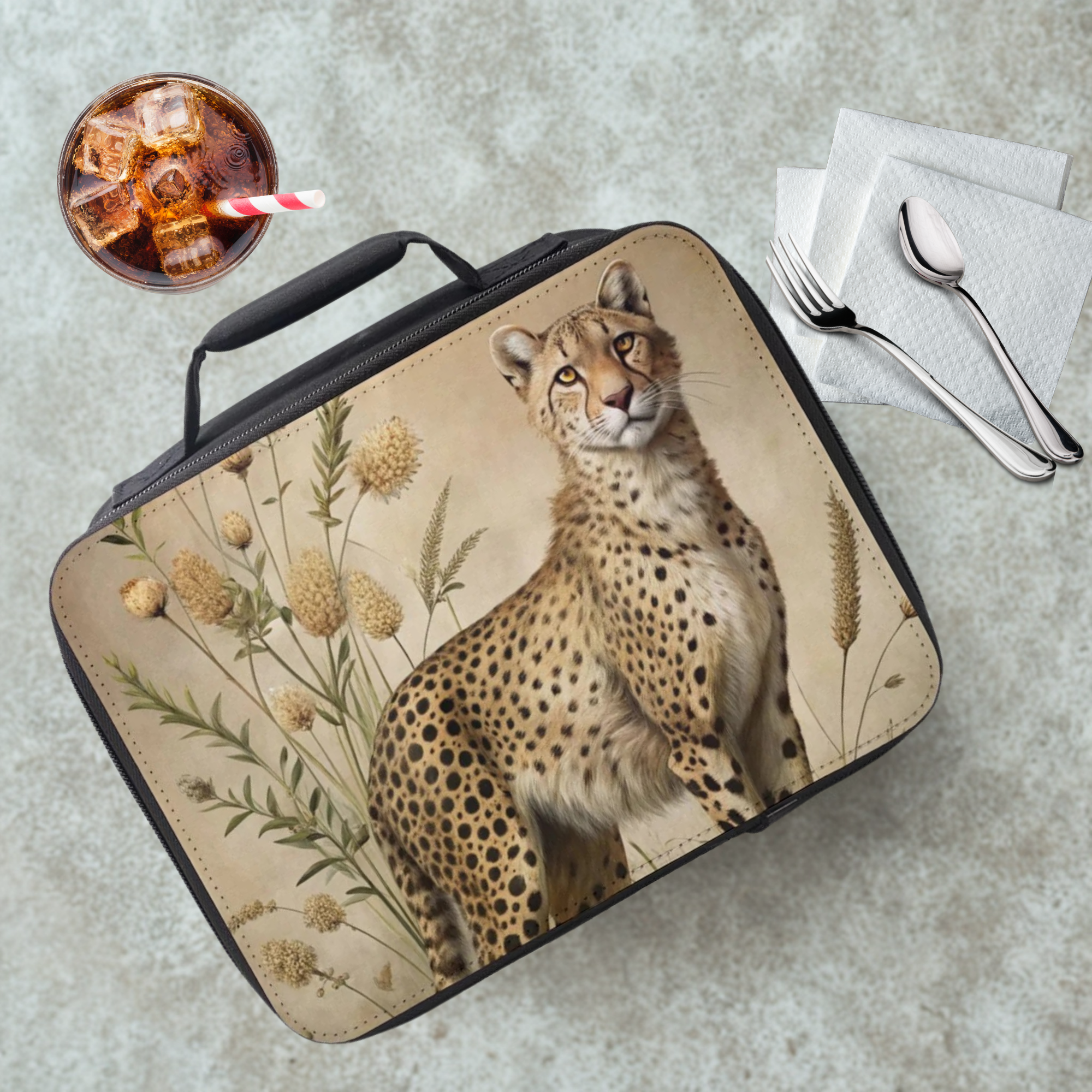 Lunch bag with cheetah design on a table with a drink and utensils.