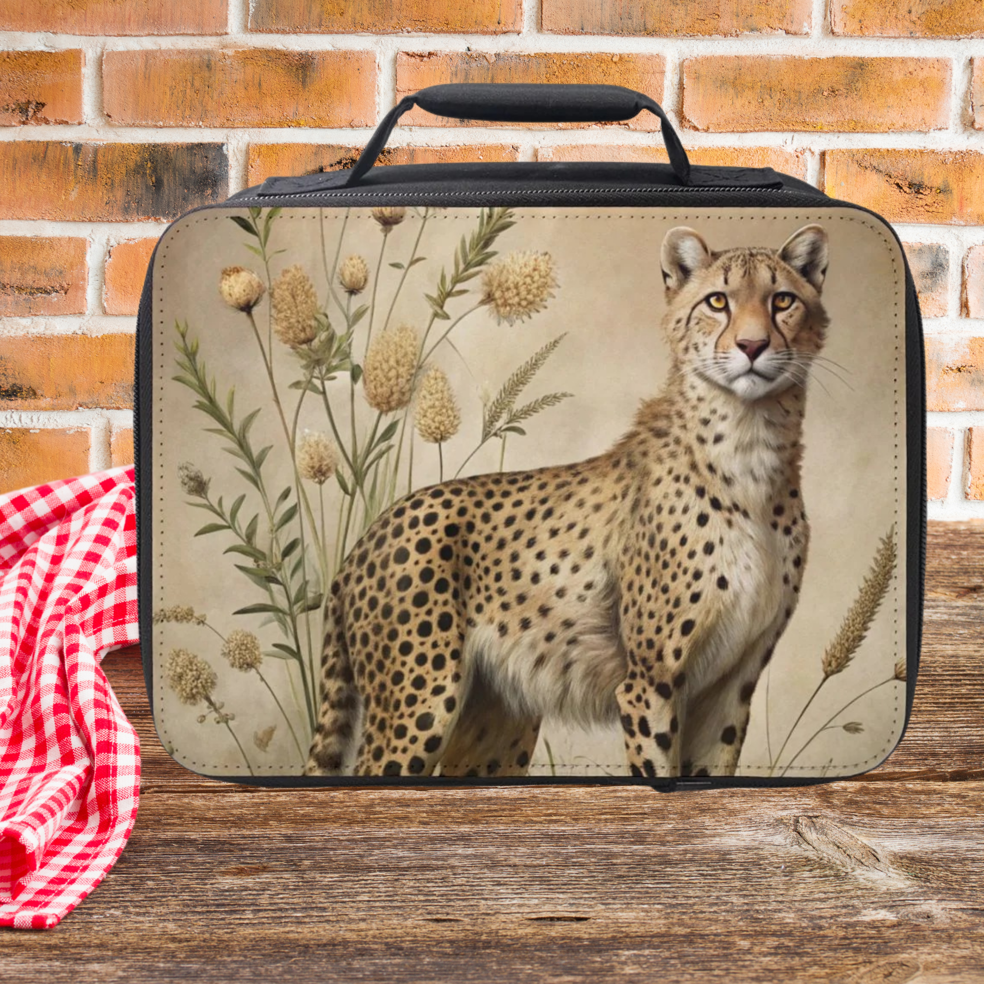 Lunch bag with a cheetah design on a wooden picnic table with a brick wall background