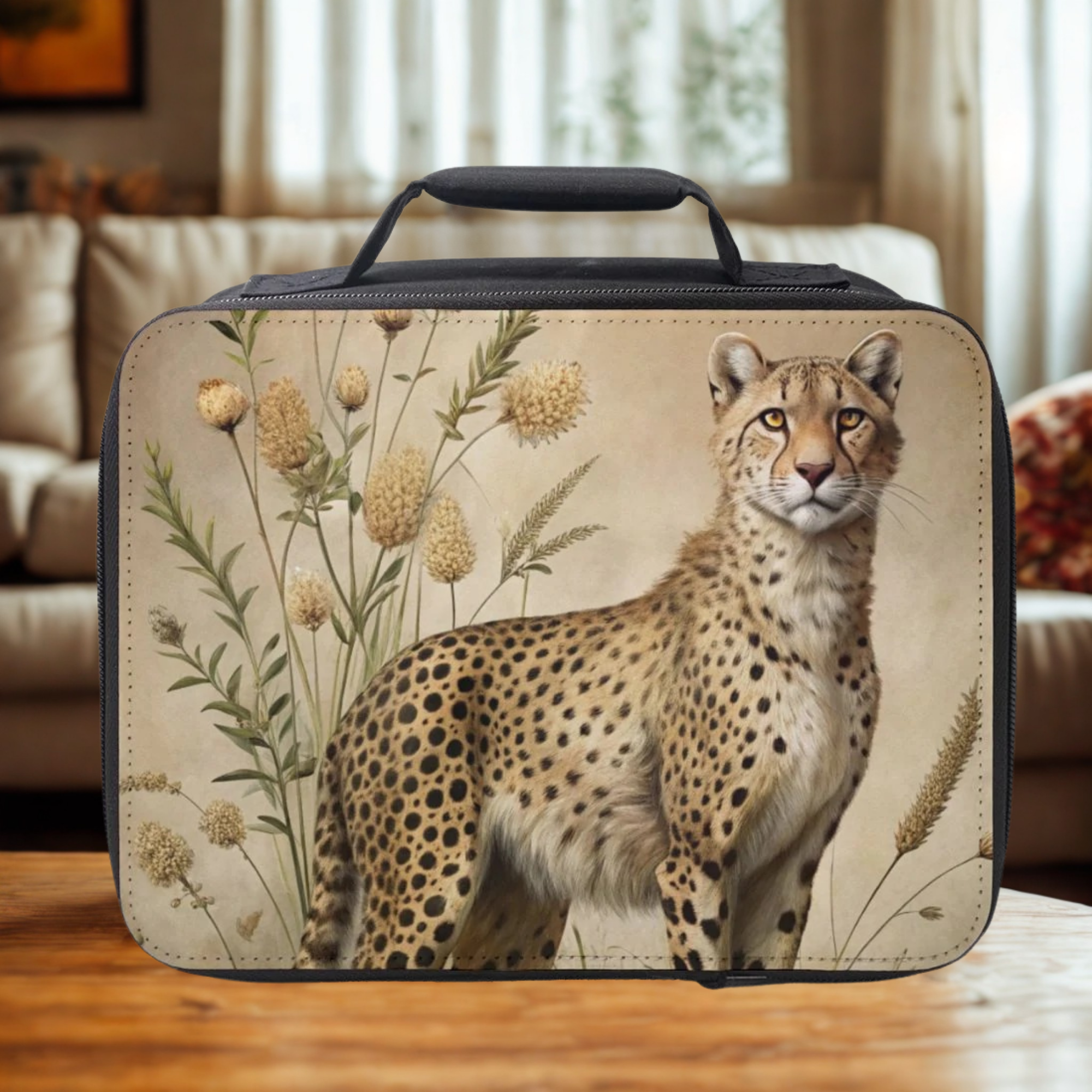 Cheetah-themed lunch bag on a wooden table with a blurred indoor background