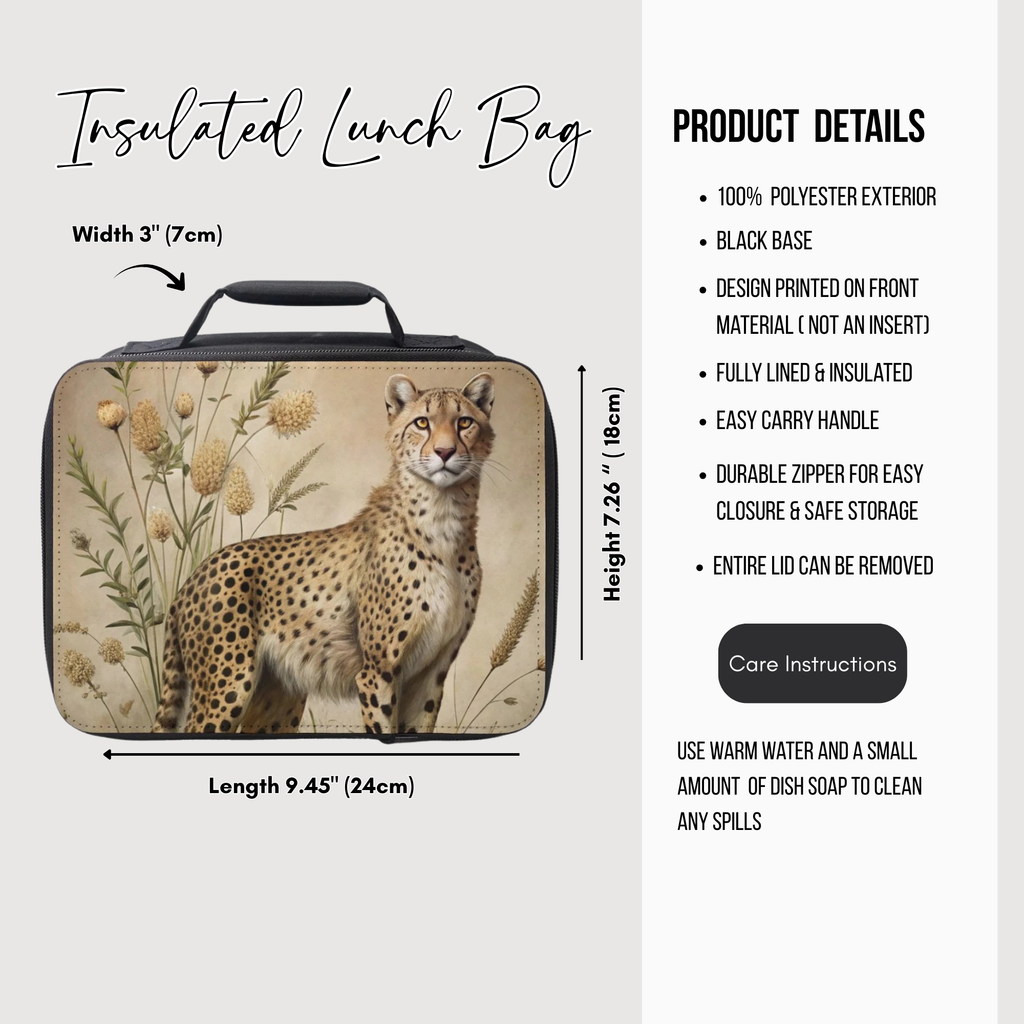 Insulated lunch bag with cheetah design and product details on a white background