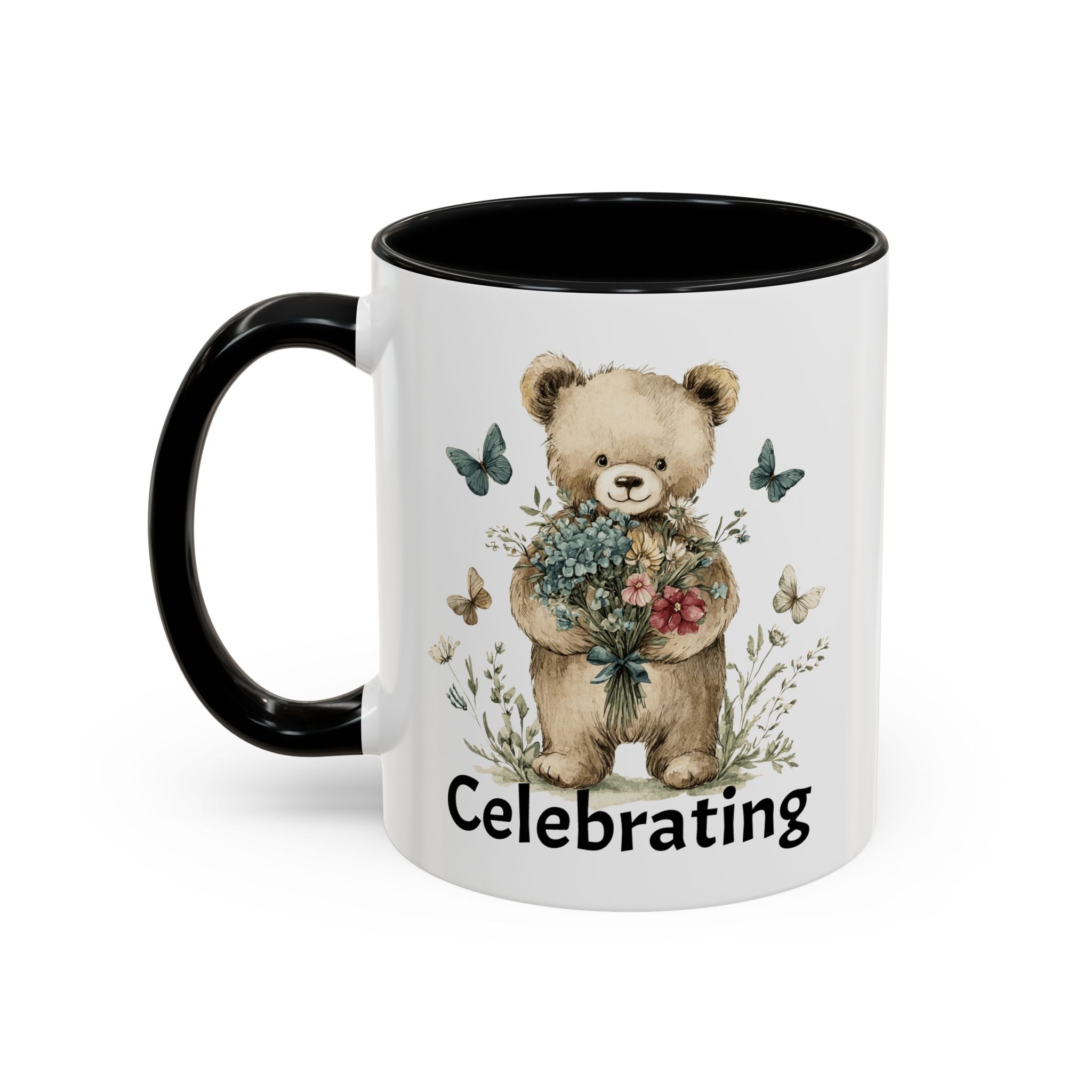 Mug with a teddy bear holding flowers and the word 'Celebrating' on a white background