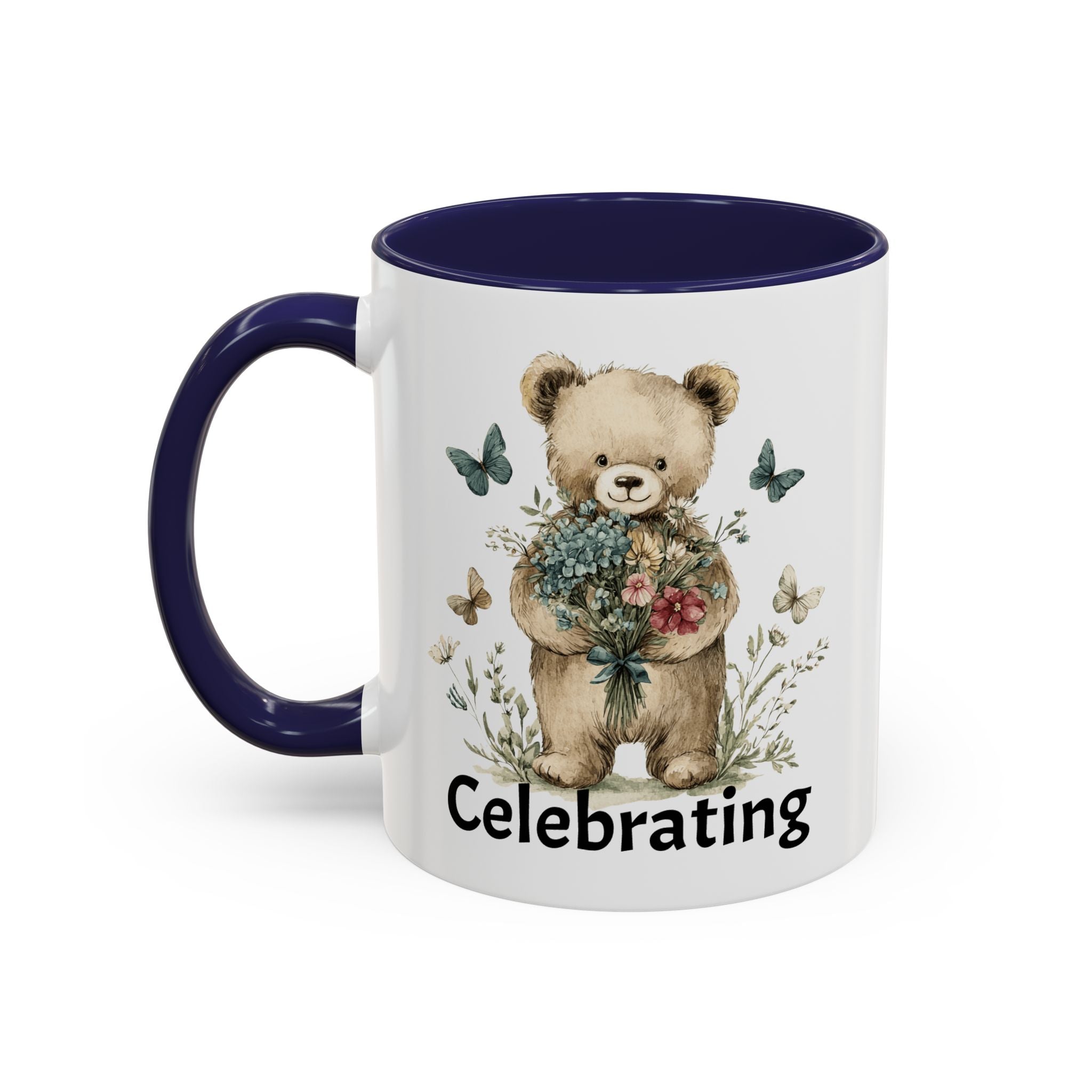 Mug with a teddy bear holding flowers and the word 'Celebrating', blue interior, white exterior