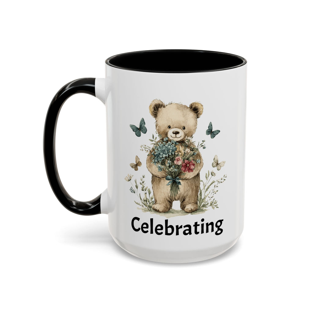 Mug with a teddy bear holding flowers and the word 'Celebrating' on a white background