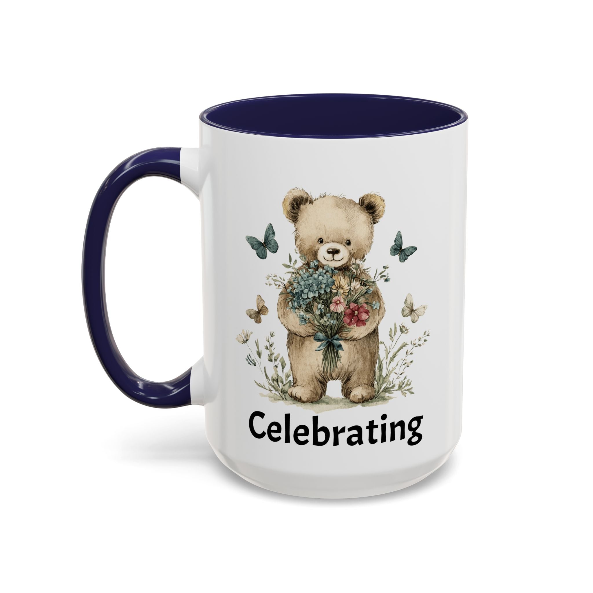 Mug with a teddy bear holding flowers and the word 'Celebrating' on a white background