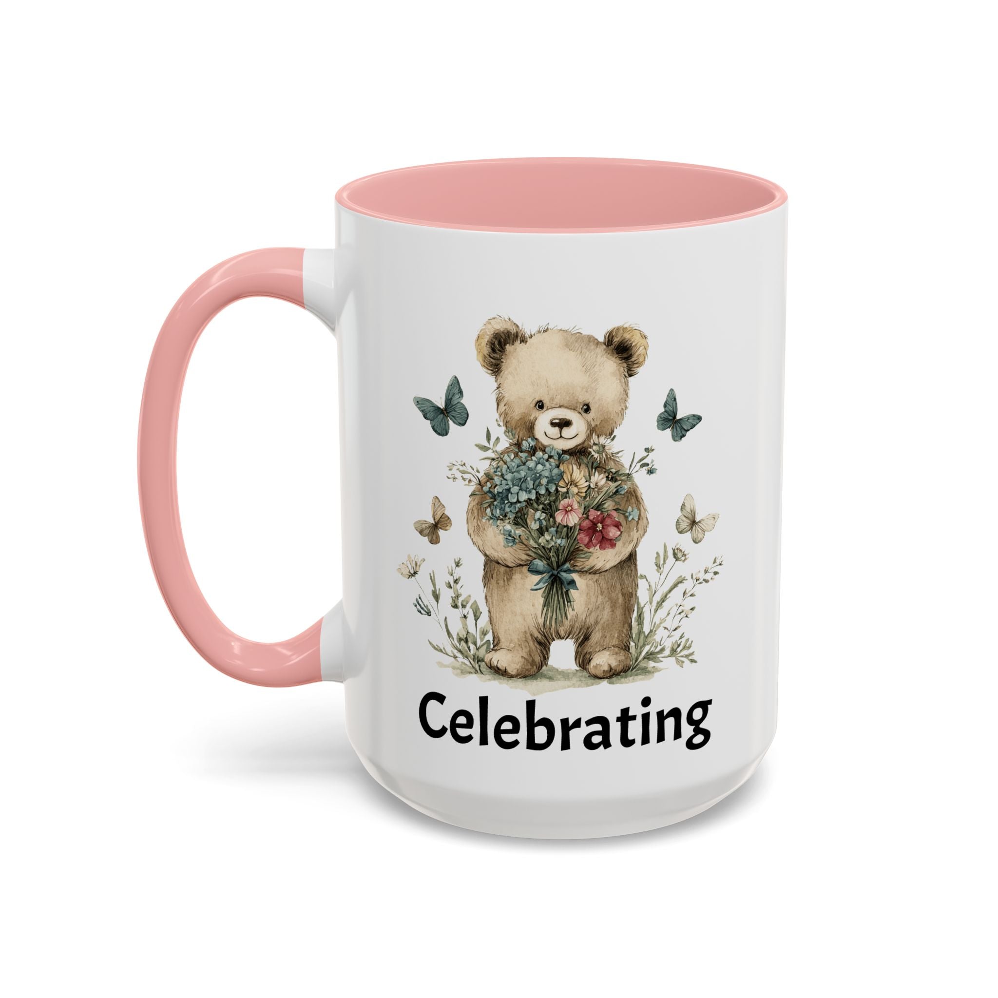 Mug with a teddy bear holding flowers and the word 'Celebrating' on a white background