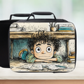 Lunch bag with a cartoon design of a boy peeking from under a desk.