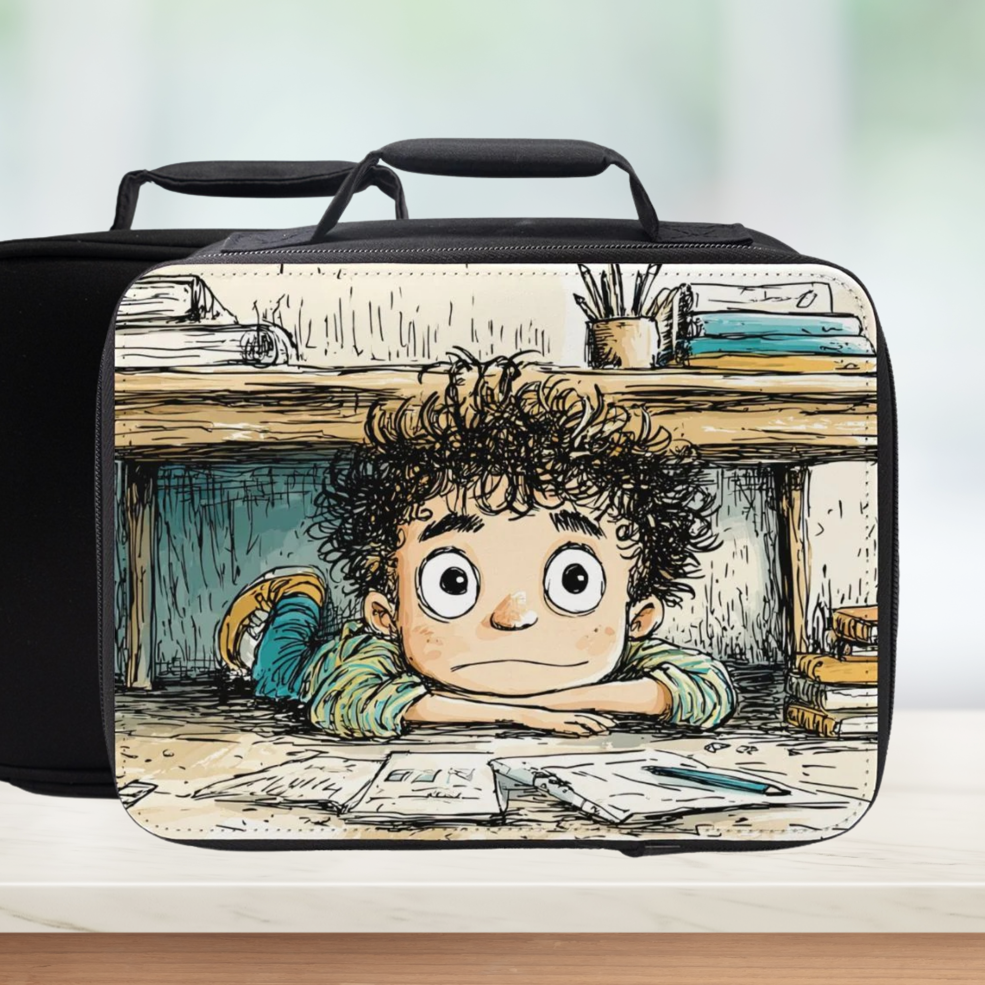 Lunch bag with a cartoon design of a boy peeking from under a desk.